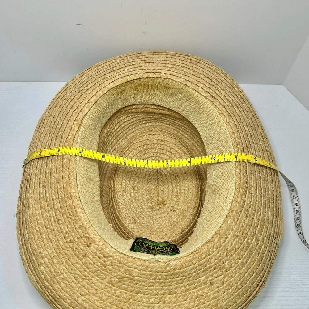 Scala Golf Beach Wide Brim Men's Tan Straw Hat Olive Green Ribbon Detail - Picture 8 of 9